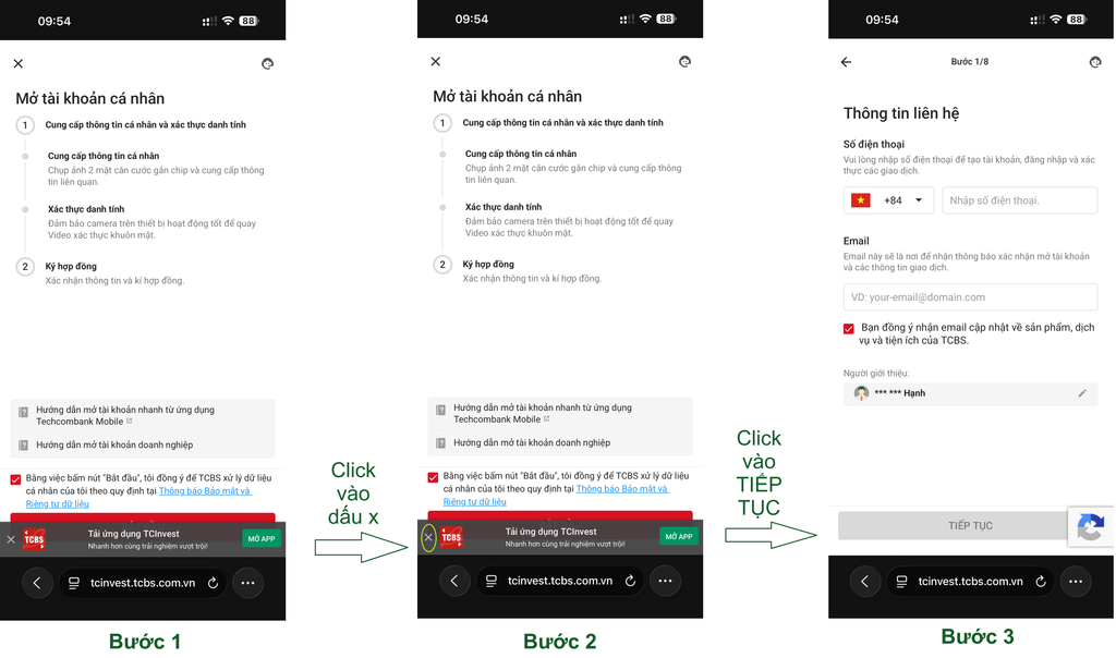 Hướng dẫn mở tài khoản chứng khoán TCBS online 2026 (miễn phí, 5 phút) Bước 1-3: Mở link đăng ký TCBS, đóng thông báo tải app, nhập số điện thoại và email