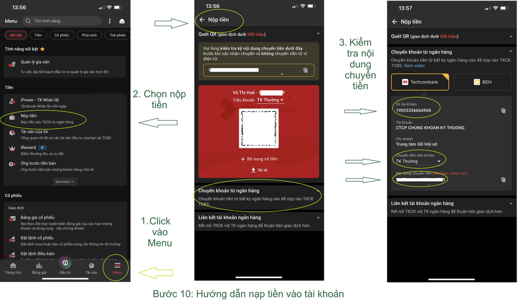 Hướng dẫn mở tài khoản chứng khoán TCBS online 2026 (miễn phí, 5 phút) Bước 10: Hướng dẫn nạp tiền vào tài khoản chứng khoán TCBS