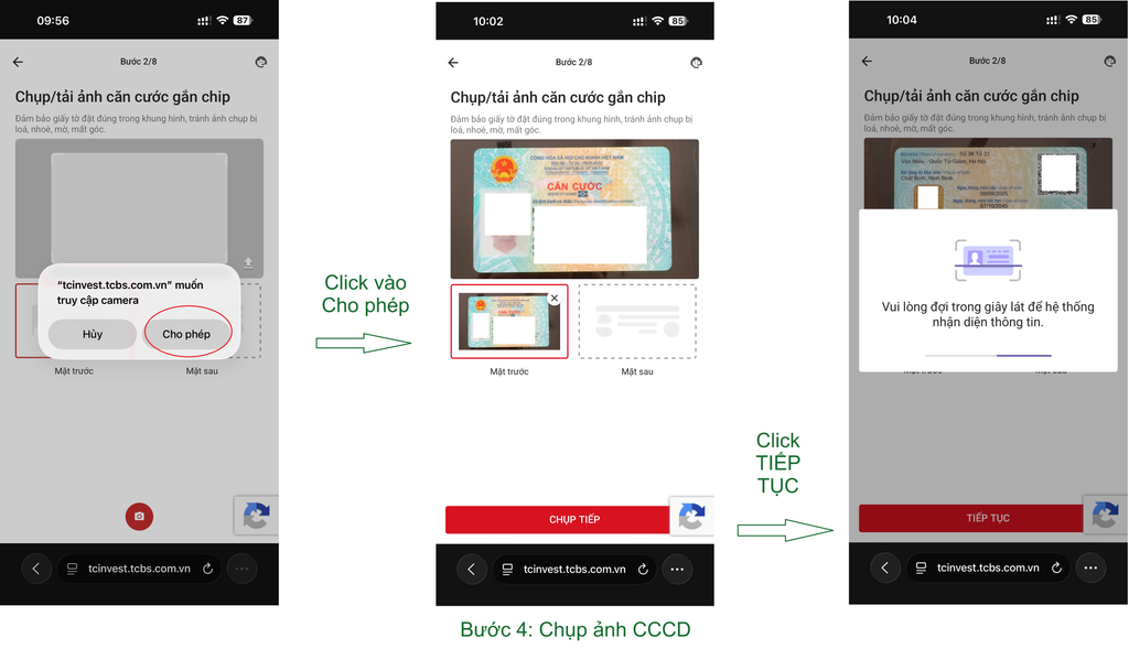 Hướng dẫn mở tài khoản chứng khoán TCBS online 2026 (miễn phí, 5 phút) Bước 4: Chụp và tải ảnh hai mặt căn cước công dân gắn chip lên TCBS