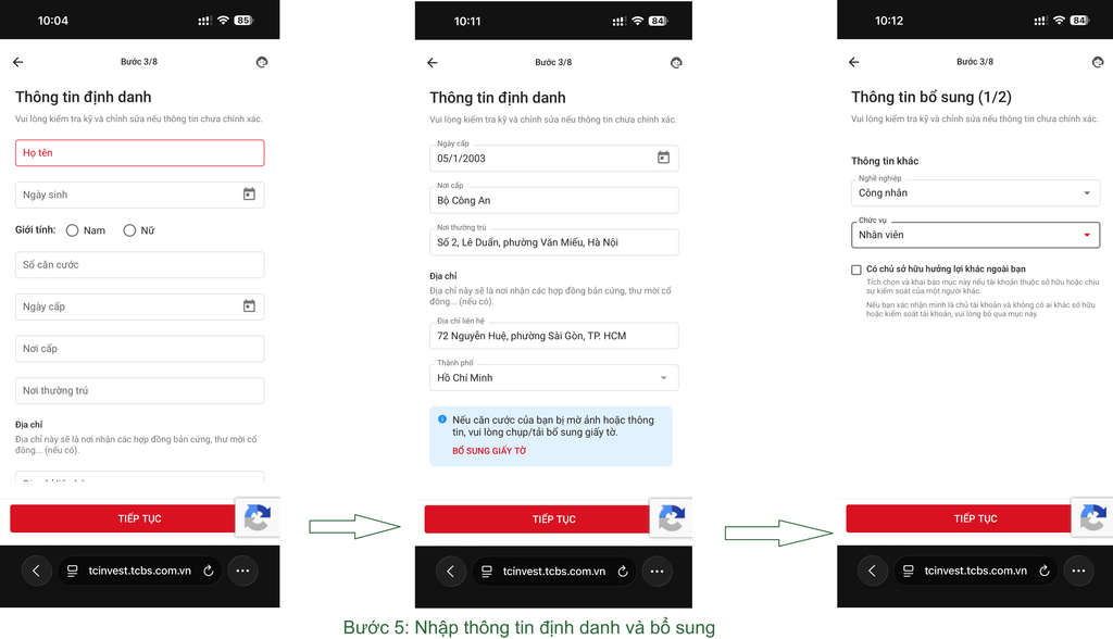 Hướng dẫn mở tài khoản chứng khoán TCBS online 2026 (miễn phí, 5 phút) Bước 5 (ảnh 1): Nhập thông tin định danh cá nhân khi mở tài khoản TCBS