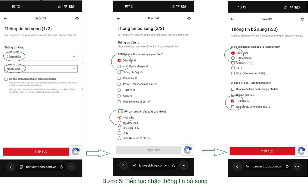 Hướng dẫn mở tài khoản chứng khoán TCBS online 2026 (miễn phí, 5 phút) Bước 5 (ảnh 2): Nhập thông tin bổ sung và thông tin đầu tư trên TCBS