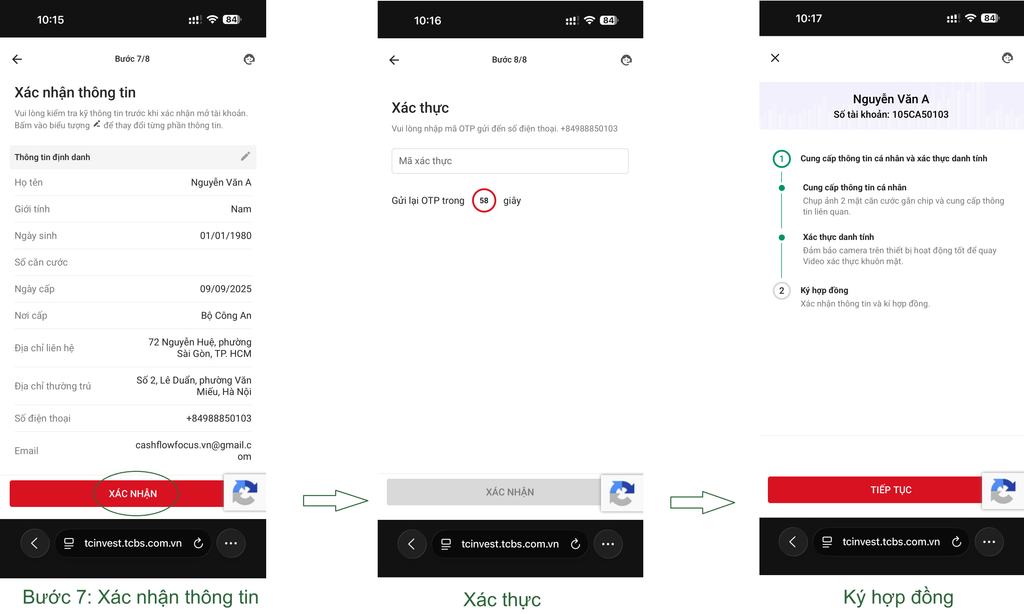 Hướng dẫn mở tài khoản chứng khoán TCBS online 2026 (miễn phí, 5 phút) Bước 7: Xác nhận thông tin và xác thực OTP khi mở tài khoản TCBS