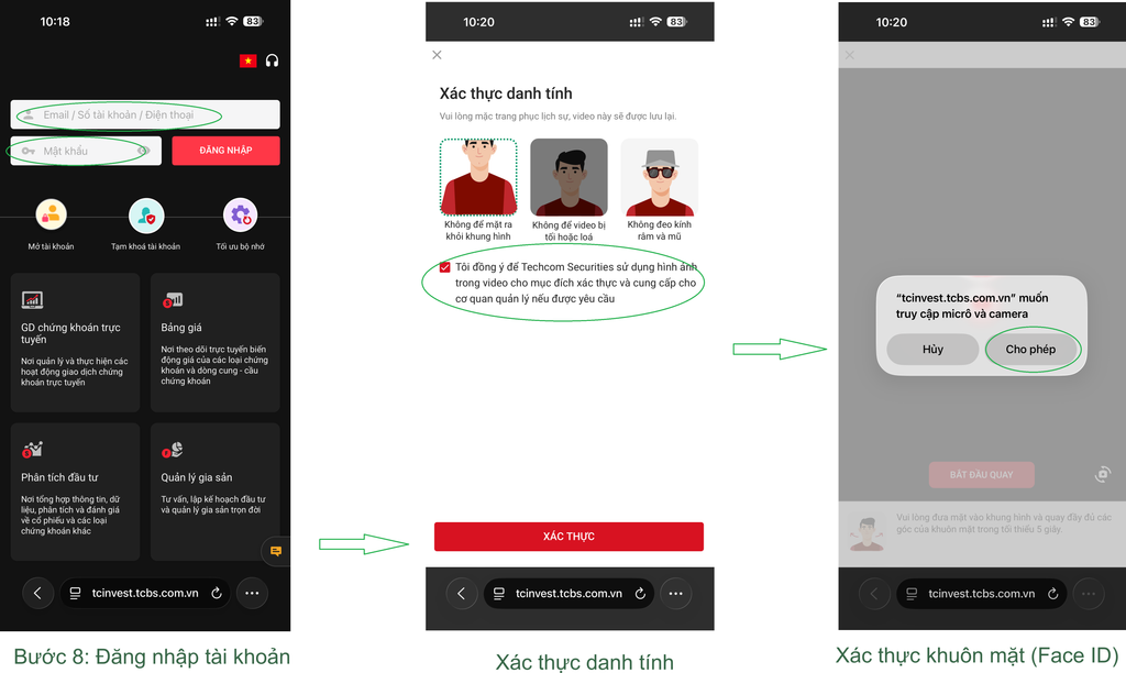 Hướng dẫn mở tài khoản chứng khoán TCBS online 2026 (miễn phí, 5 phút) Bước 8: Đăng nhập và xác thực khuôn mặt Face ID tài khoản TCBS