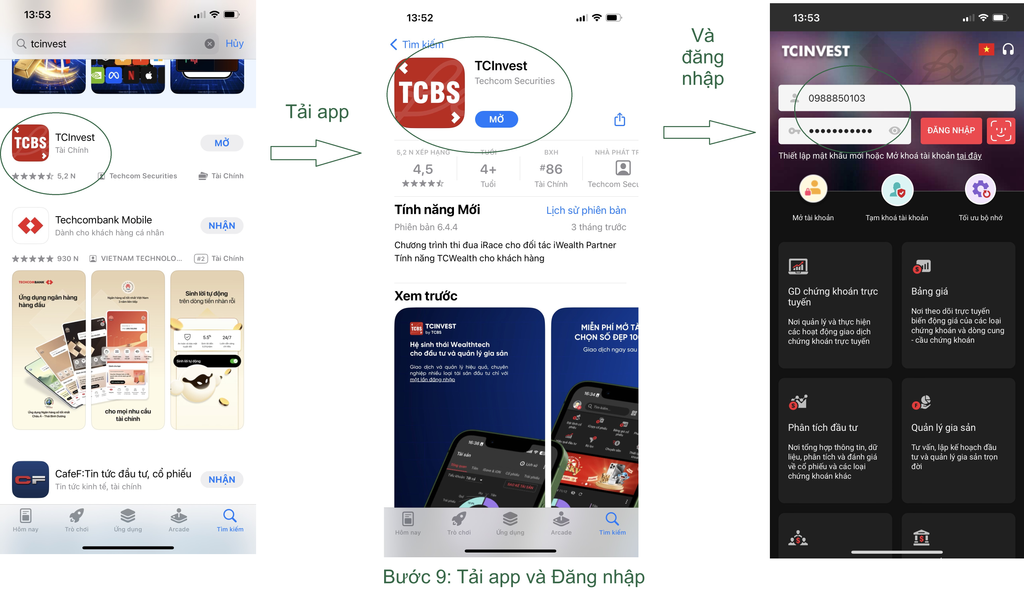 Hướng dẫn mở tài khoản chứng khoán TCBS online 2026 (miễn phí, 5 phút) Bước 9: Tải app TCInvest trên App Store hoặc Google Play và đăng nhập