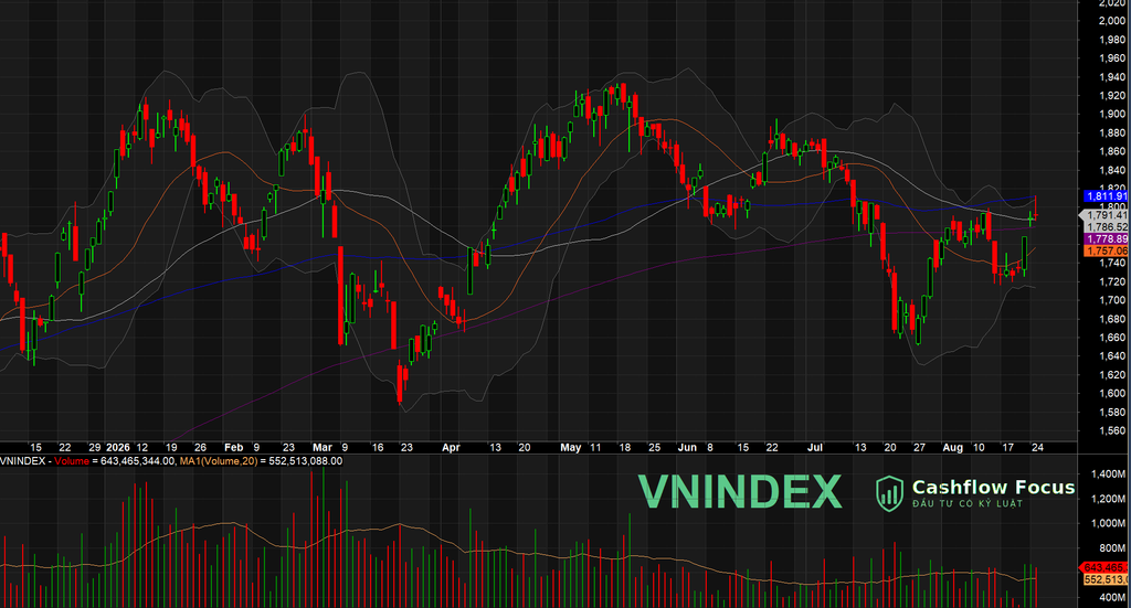 VN-Index xanh vỏ đỏ lòng - Nhịp hồi kỹ thuật chững lại, Cashflow Focus giữ 80% cổ phiếu VN-Index phiên 25/08/2026 tăng nhẹ lên 1.791,41 điểm, độ rộng thị trường nghiêng về sắc đỏ với 222 mã giảm.