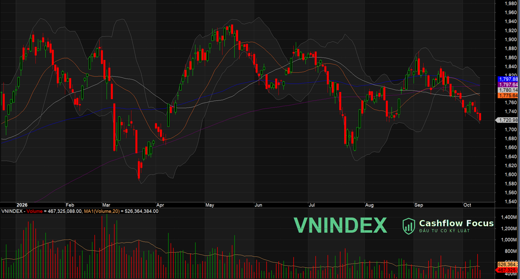 VN-Index lùi về 1.721 điểm, VIC và VHM lấy đi 14 điểm - danh mục Cashflow Focus giữ 60% cổ phiếu phiên thứ 8 Diễn biến VN-Index phiên 12/10/2026 và trạng thái danh mục Cashflow Focus theo Hệ thống 5 nhóm màu